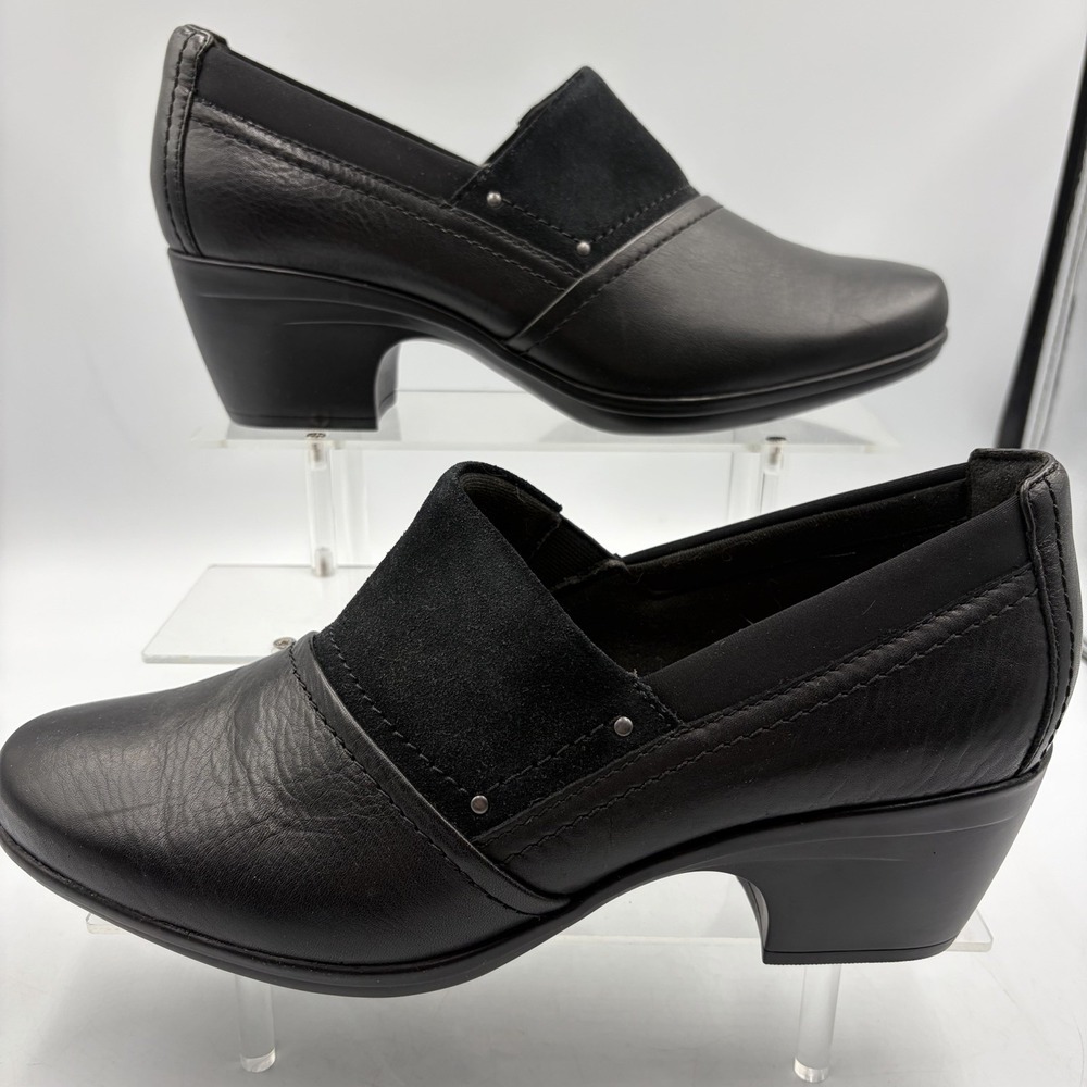 Clarks Emily Step Heel Loafers Black Leather Womens Size 6.5 D Pumps